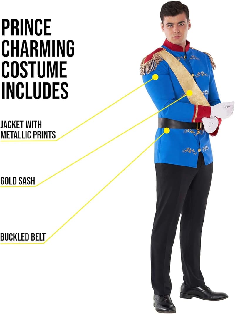 Men's Prince Charming Costume - Royal Jacket, Sash & Belt