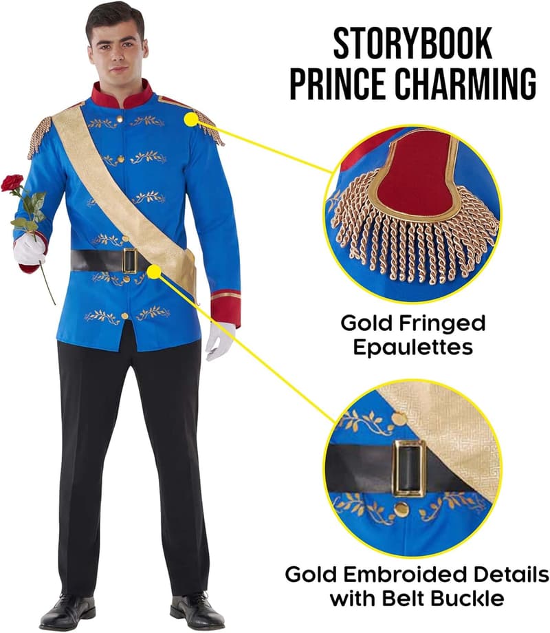 Men's Prince Charming Costume - Royal Jacket, Sash & Belt