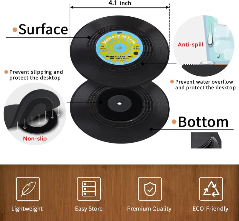 Retro Vinyl Record Drink Coasters Set for Music Lovers