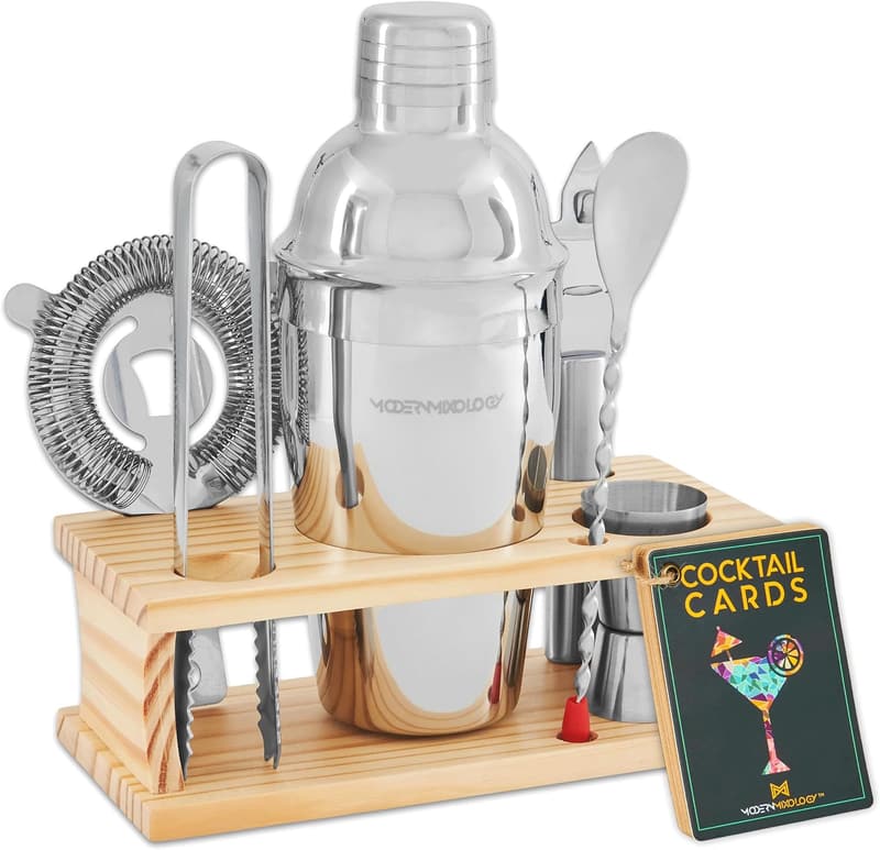 8-Piece Cocktail Shaker Set with Wood Stand and Recipe Cards