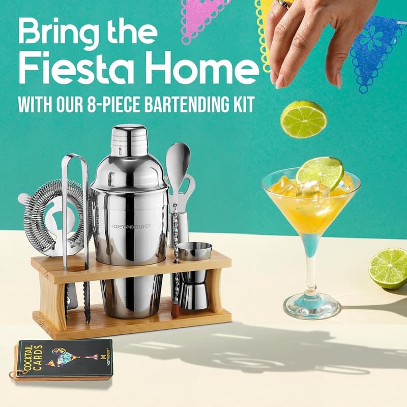 8-Piece Cocktail Shaker Set with Wood Stand and Recipe Cards