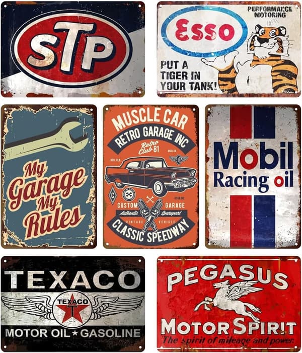 Vintage Metal Garage Signs Set for Men's Man Cave Decor (7pcs)