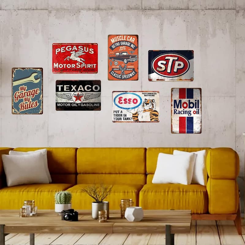 Vintage Metal Garage Signs Set for Men's Man Cave Decor (7pcs)
