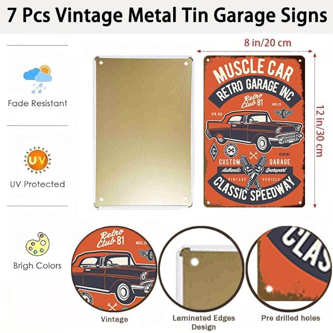 Vintage Metal Garage Signs Set for Men's Man Cave Decor (7pcs)