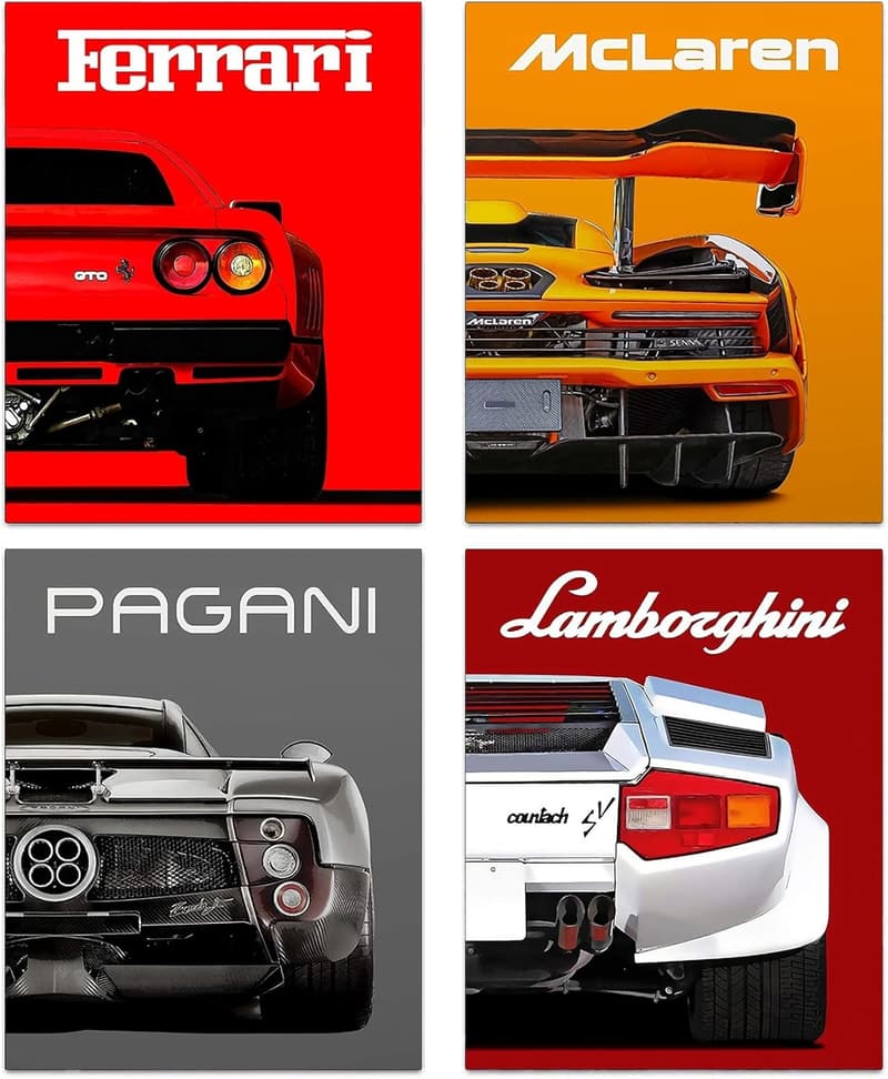 Cool Supercar Wall Art Prints for Man Cave - Set of 4
