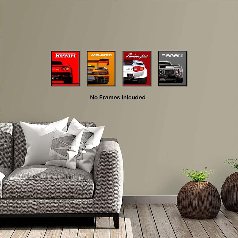Cool Supercar Wall Art Prints for Man Cave - Set of 4