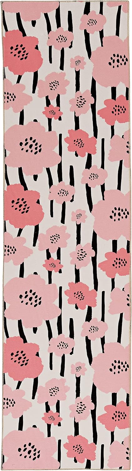 Washable Minley Ivory/Pink 2' x 8' Runner Rug