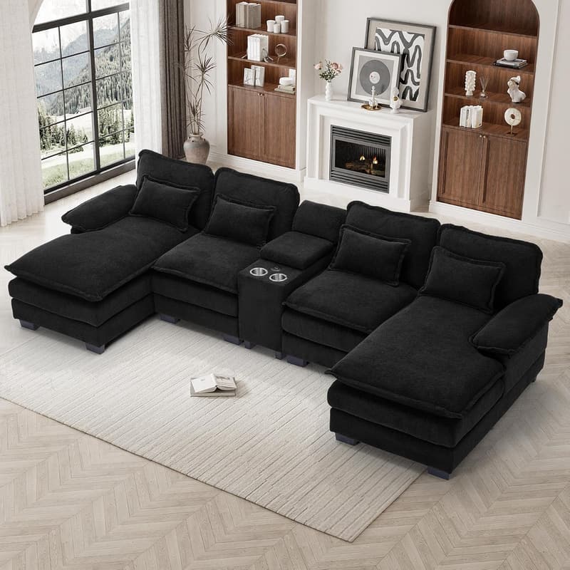 Modern U-Shaped Chenille Cloud Couch with USB Port - 124