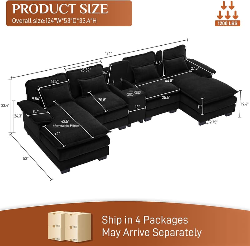 Modern U-Shaped Chenille Cloud Couch with USB Port - 124