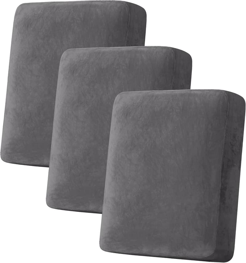 Plush Velvet Stretch Sofa Cushion Covers - 3 Piece Set, Grey