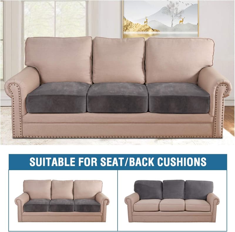 Plush Velvet Stretch Sofa Cushion Covers - 3 Piece Set, Grey