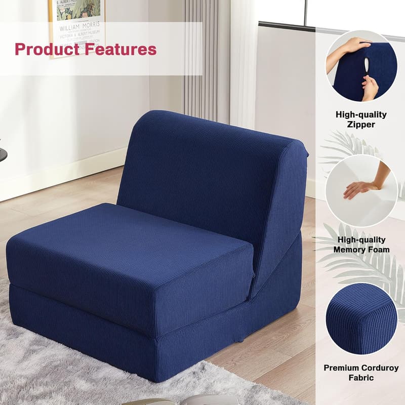 Convertible Futon Sofa Bed with Memory Foam – Blue Corduroy
