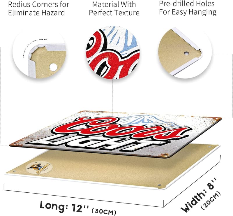 Coors Light Vintage Metal Sign for Man Cave Decor, 8x12 Inch
