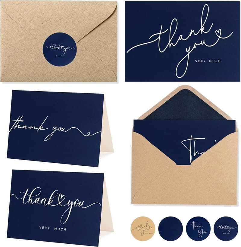 Navy Thank You Cards - 100 Bulk Minimalist Designs with Envelopes