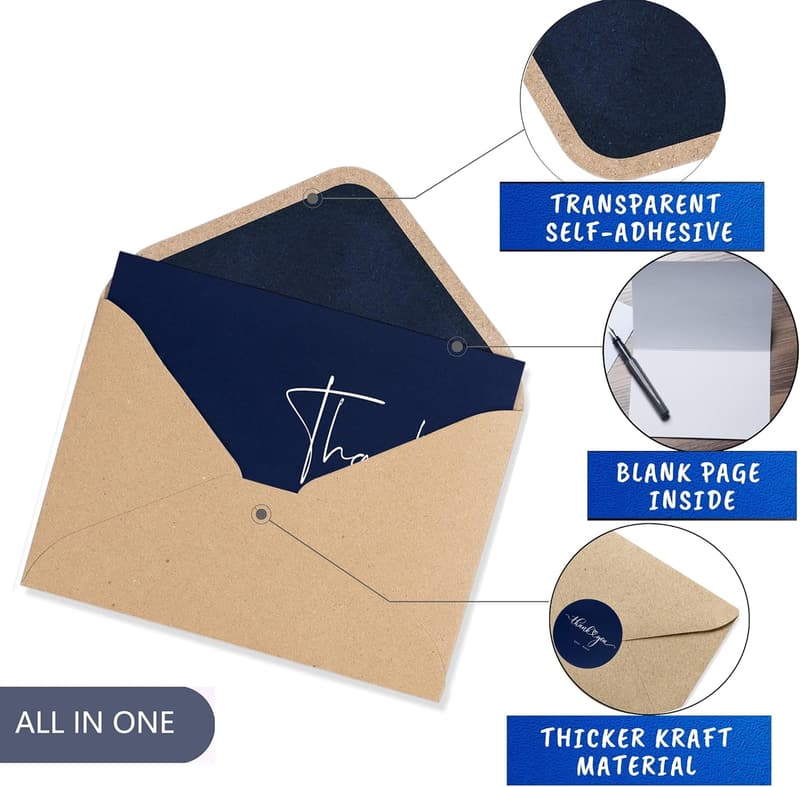Navy Thank You Cards - 100 Bulk Minimalist Designs with Envelopes