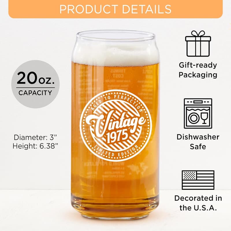 50th Birthday Beer Can Glass - Vintage 20 oz Gift for Men