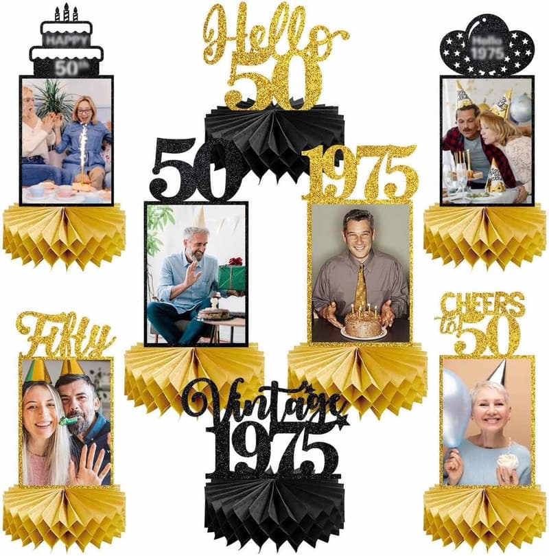 50th Birthday Honeycomb Centerpieces, Black Gold Vintage