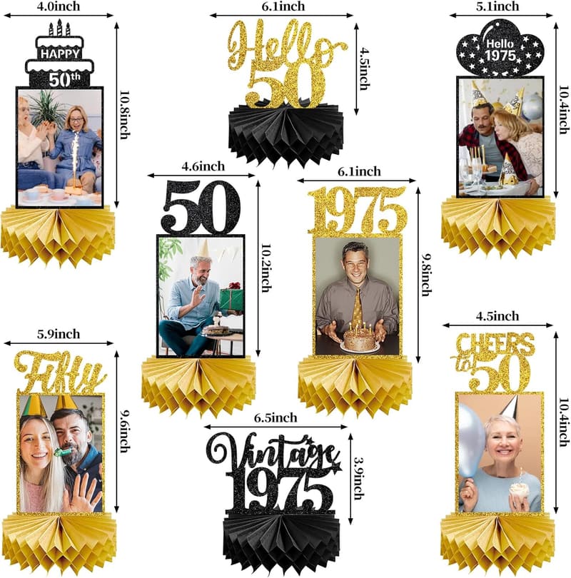 50th Birthday Honeycomb Centerpieces, Black Gold Vintage
