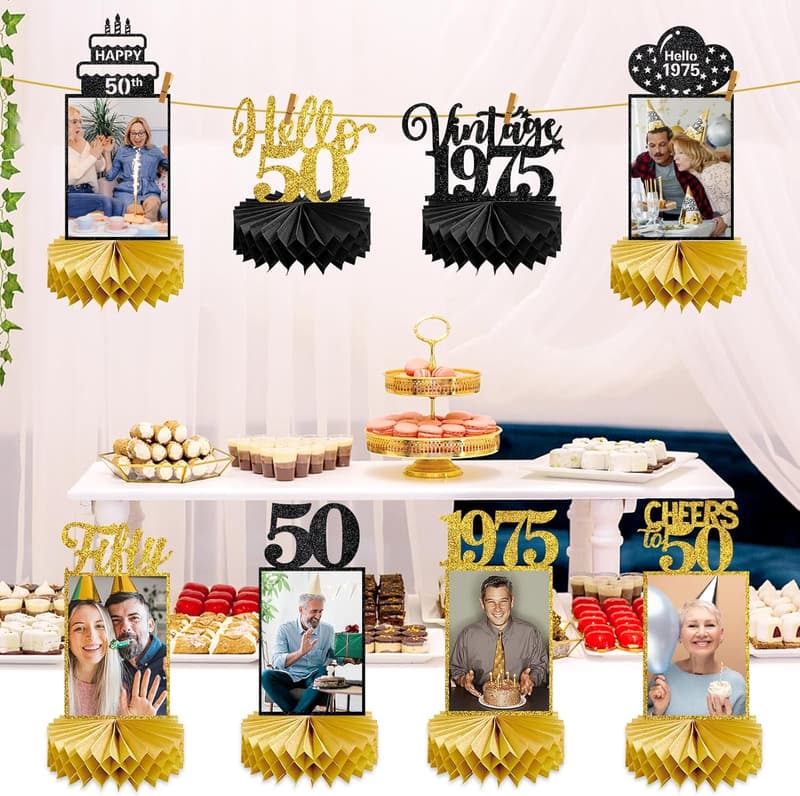 50th Birthday Honeycomb Centerpieces, Black Gold Vintage