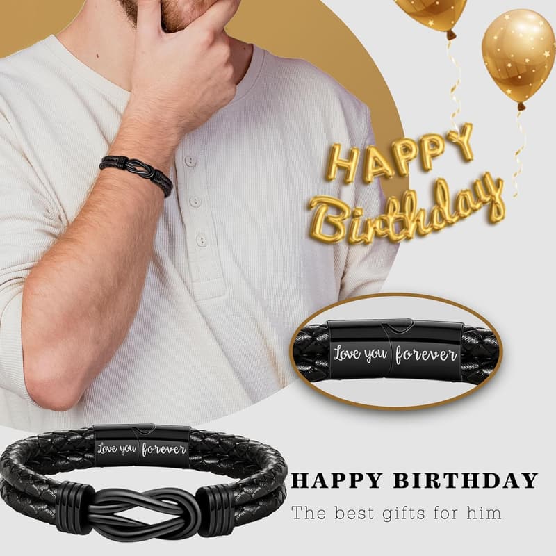 Engraved Leather Bracelet for Men's Birthday Gift