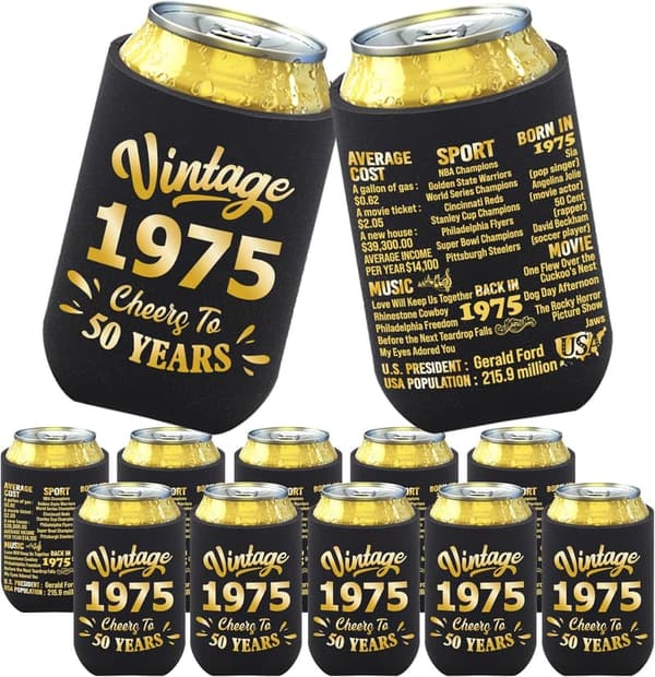 50th Birthday Party Decorations - Black & Gold Can Coolers (Pack of 12)