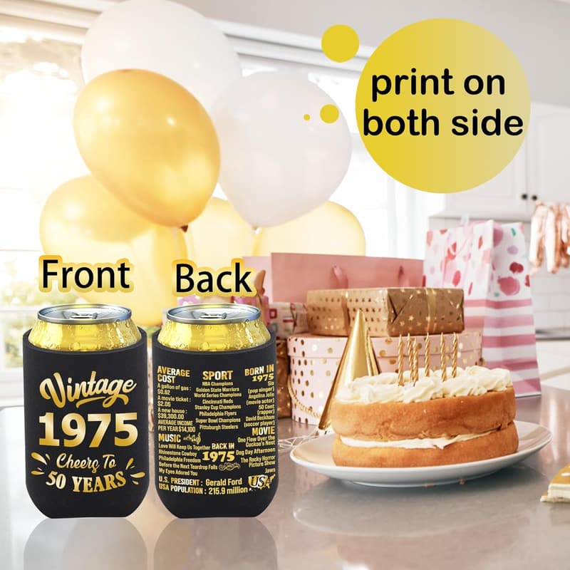 50th Birthday Party Decorations - Black & Gold Can Coolers (Pack of 12)