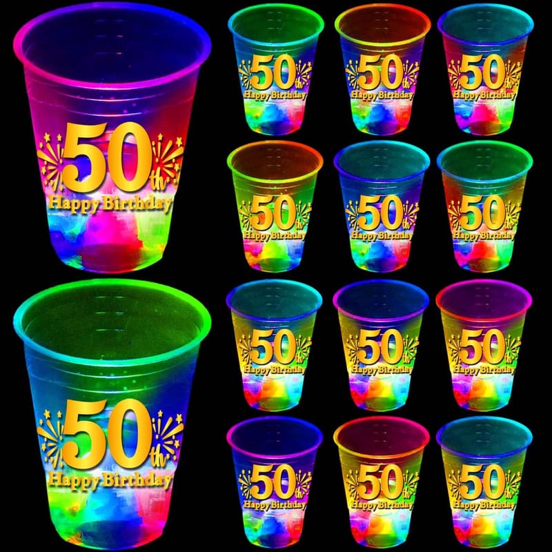 50th Birthday Glow-in-the-Dark Plastic Cups - 24 Pack