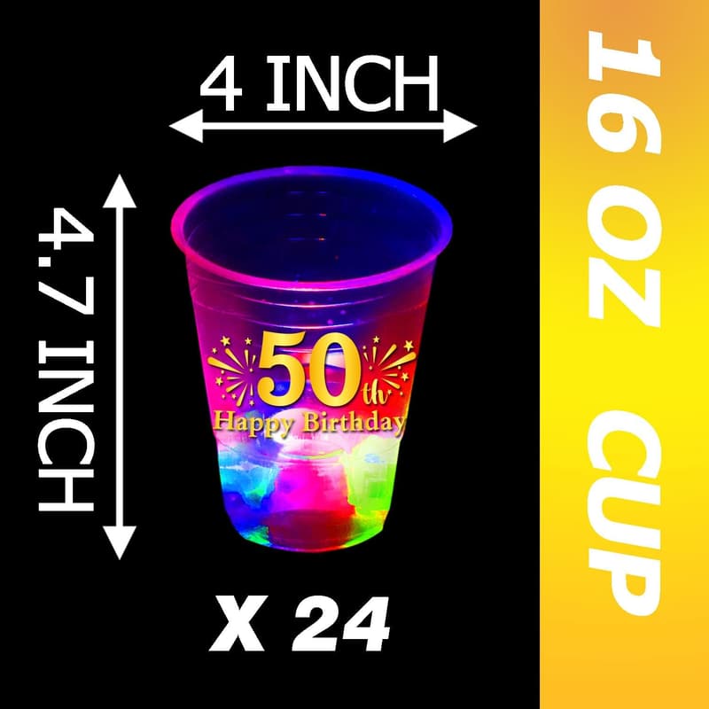 50th Birthday Glow-in-the-Dark Plastic Cups - 24 Pack