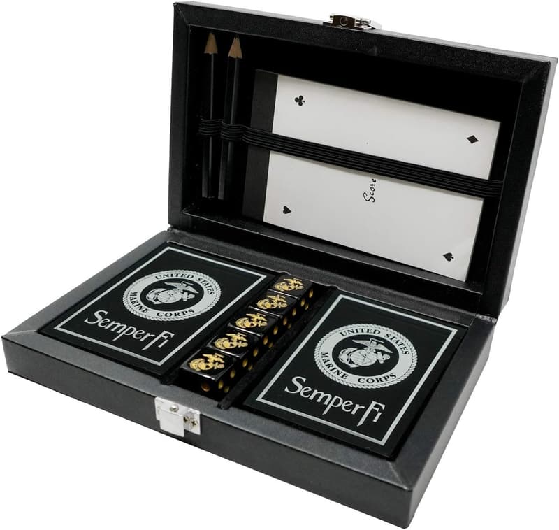 Marine Corps Playing Cards & Dice Set in Leather Box
