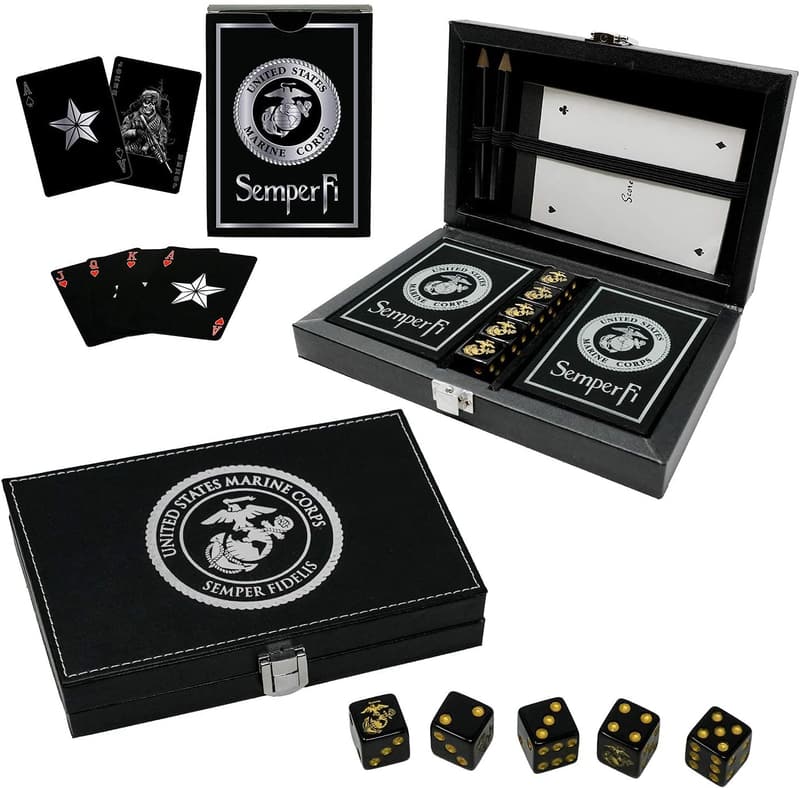 Marine Corps Playing Cards & Dice Set in Leather Box