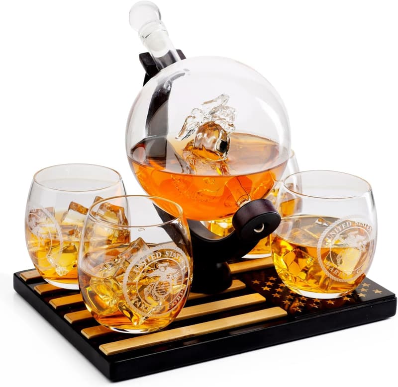 U.S. Marine Globe Whiskey Decanter Set - Veteran's Gift for Dad