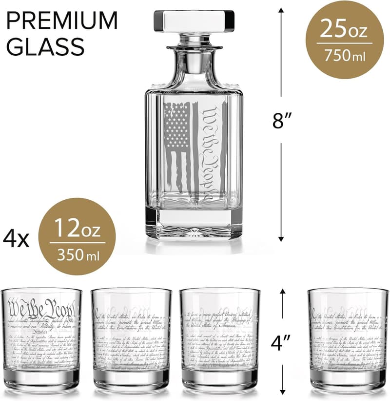 Patriotic American Flag Whiskey Glass Decanter Set - 5 Pieces