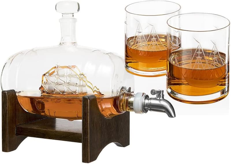 Whiskey Ship Decanter with 2 Glasses - Clear Barrel Design