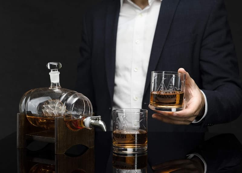 Whiskey Ship Decanter with 2 Glasses - Clear Barrel Design