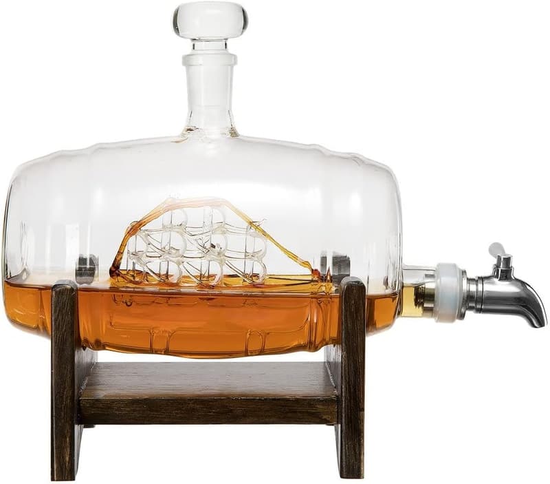Whiskey Ship Decanter with 2 Glasses - Clear Barrel Design