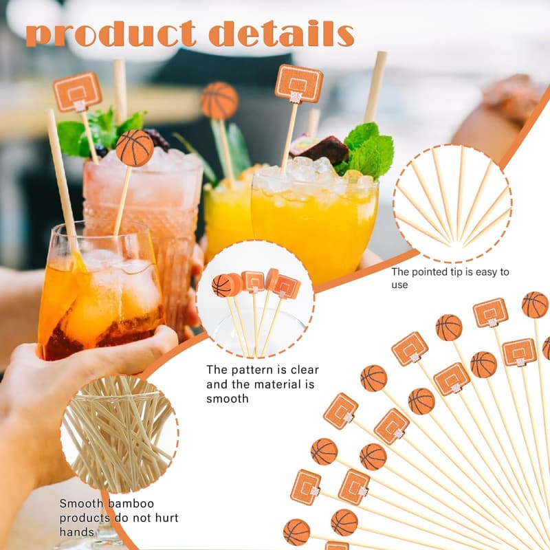 Basketball Cocktail Picks - 5” Decorative Skewers for Parties
