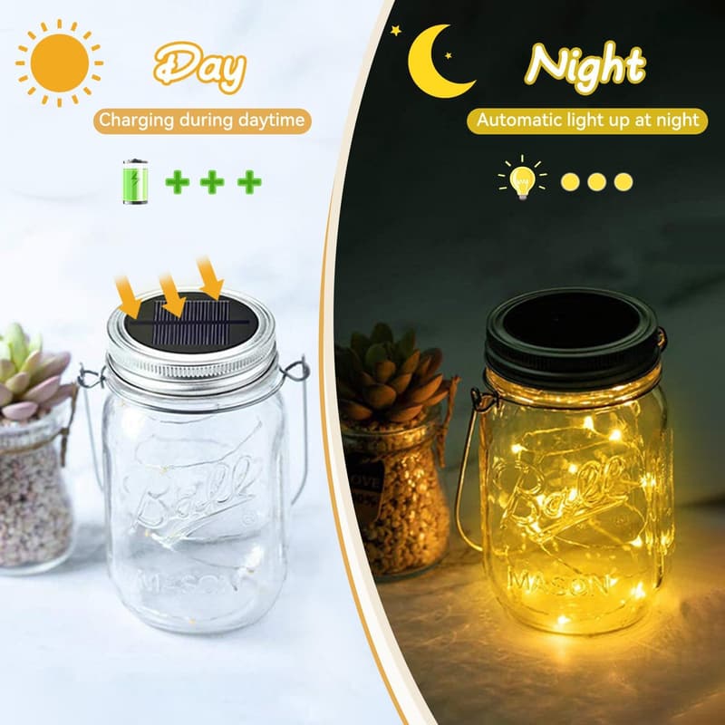 Mason Jar Solar Light Lids – 3 Pack LED Fairy Lights for Decor