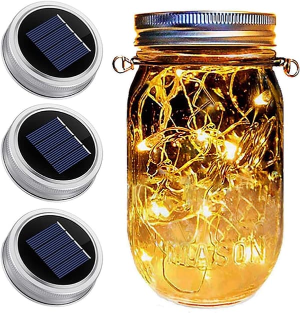 Mason Jar Solar Light Lids – 3 Pack LED Fairy Lights for Decor