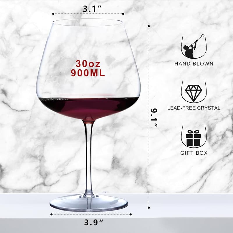 Oversized 30oz Hand Blown Crystal Wine Glasses - Set of 2
