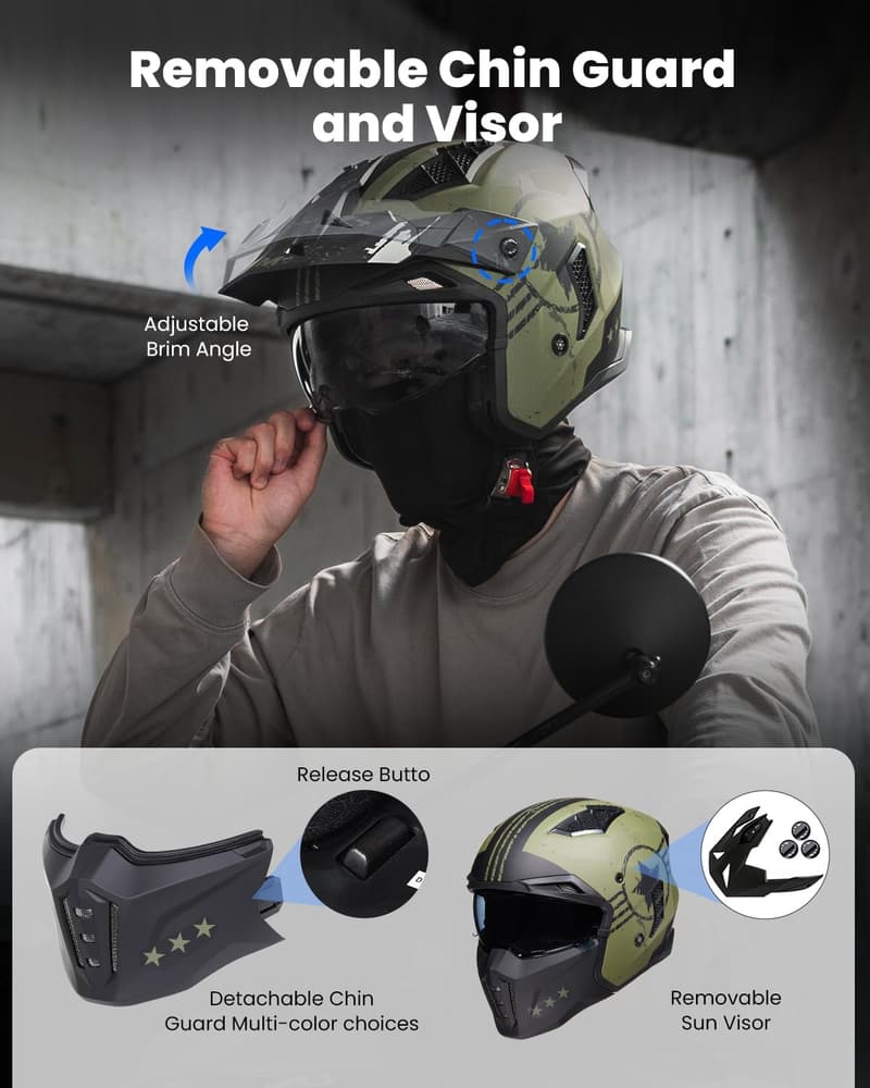 Retro Open Face Motorcycle Helmet for Men & Women - Army Green, X-Large