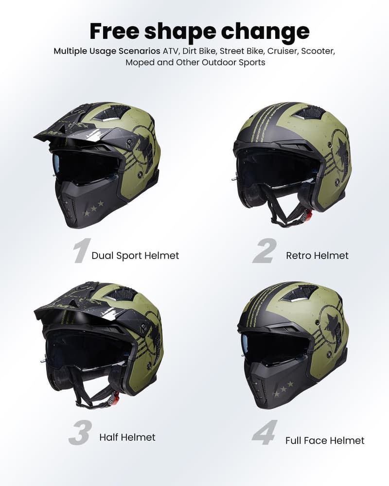 Retro Open Face Motorcycle Helmet for Men & Women - Army Green, X-Large