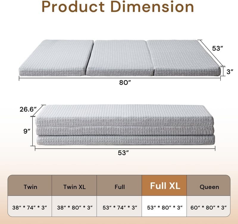 3-Inch Memory Foam Folding Mattress - Portable Washable Grey