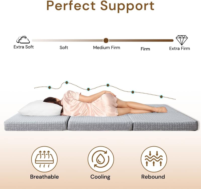 3-Inch Memory Foam Folding Mattress - Portable Washable Grey