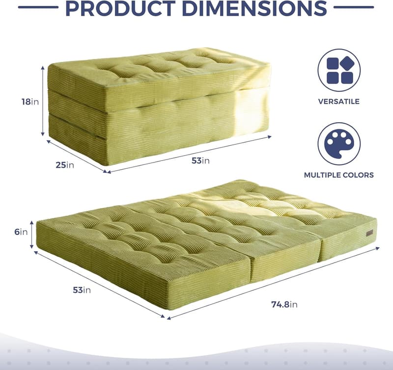 Folding 6-Inch Foam Mattress - Portable Green Sleeper Topper