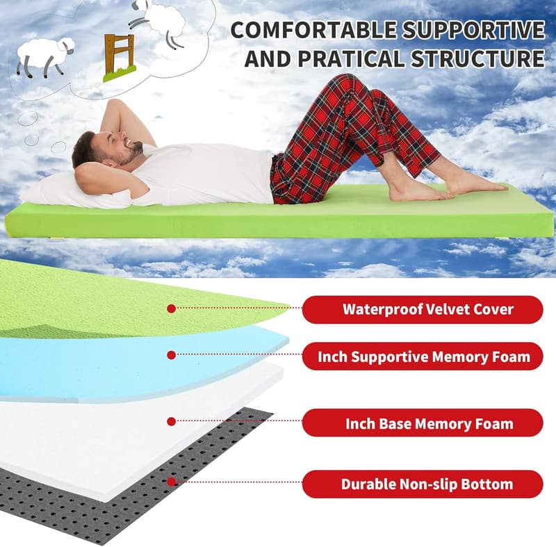 Portable Waterproof Memory Foam Camping Mattress Pad - 3 Inch