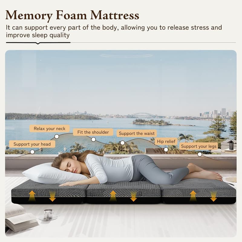 Portable Memory Foam Tri-Folding Mattress for Travel - 4 Inch