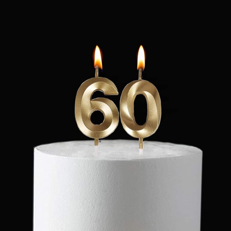 60th Birthday Gold Number 60 Cake Topper Candles