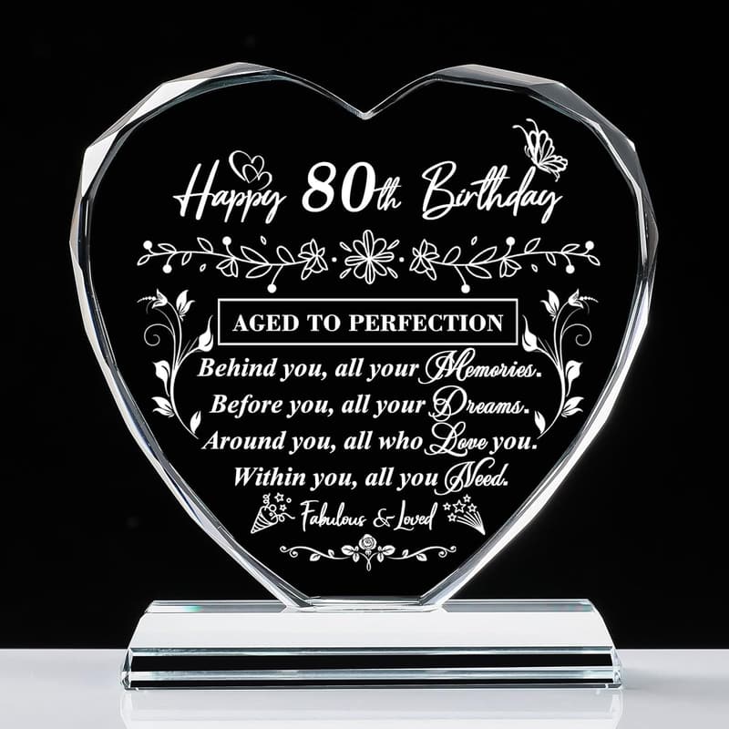 80th Birthday Laser Glass Heart Gift for Him or Her
