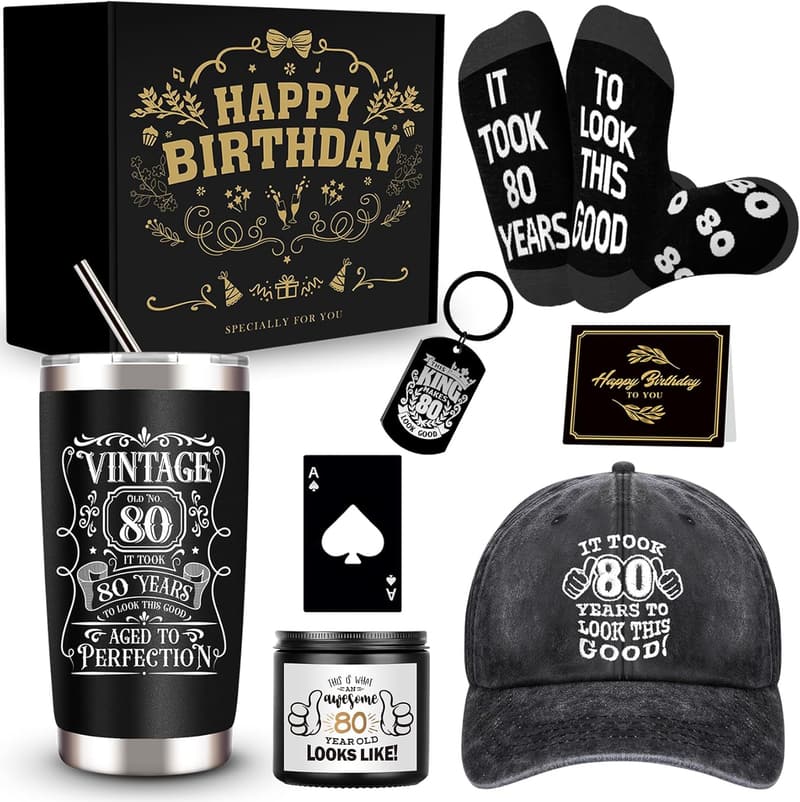 80th Birthday Gift Box for Men with Tumbler, Candle & More