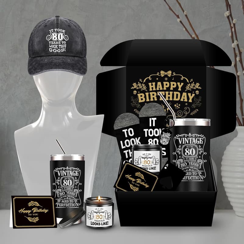 80th Birthday Gift Box for Men with Tumbler, Candle & More